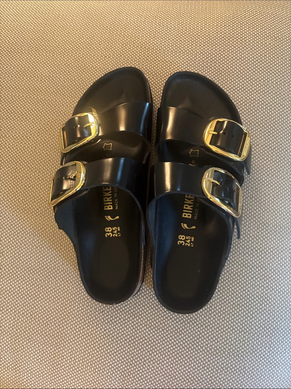 Birkenstock Black Arizona Sandals with Gold Buckles